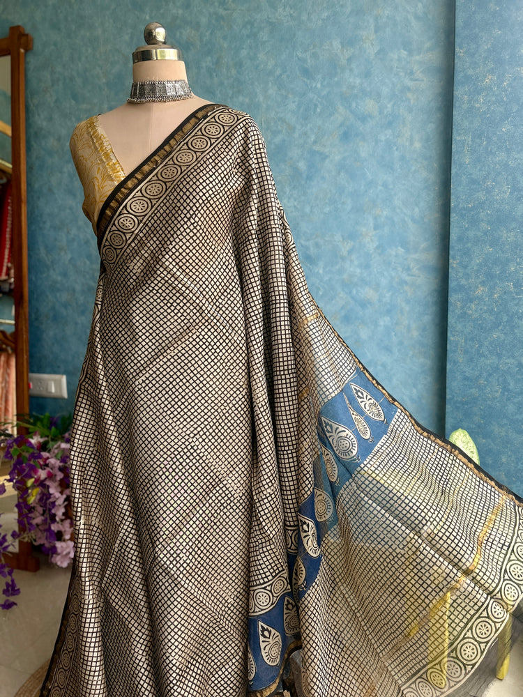 Checks Hand Block Printed Chanderi Sari
