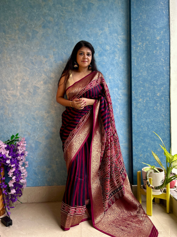 MAROON AJRAK BLOCK PRINTED DOLA SILK SARI