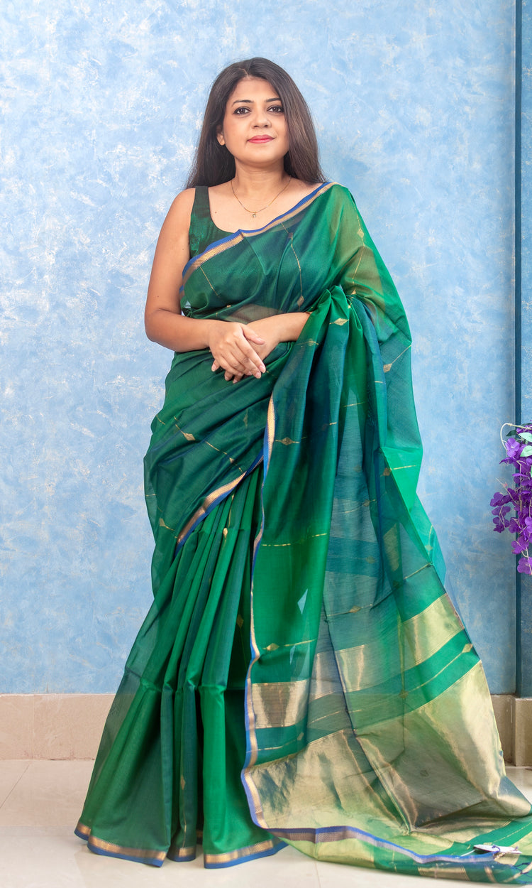 Pure Silk Handwoven Green Maheshwari Sari