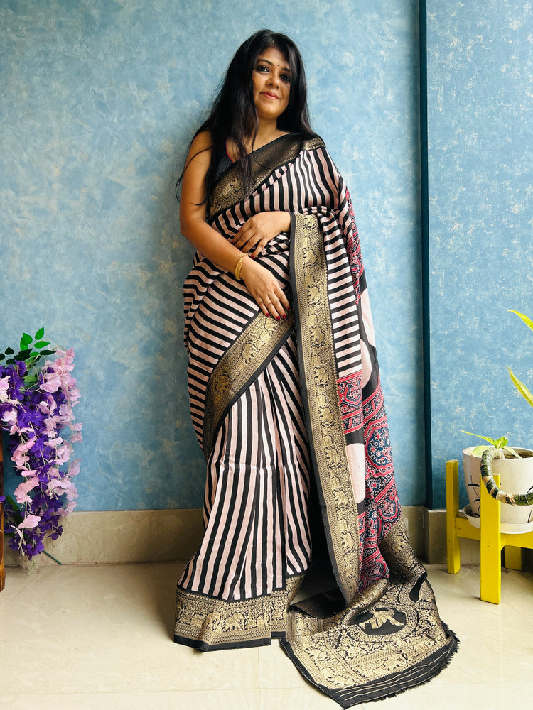 STRIPE AJRAK BLOCK PRINTED DOLA SILK SARI
