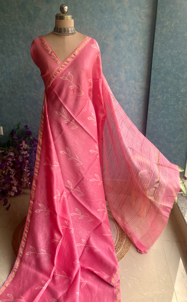 Flamingo Hand Block Printed Chanderi Sar