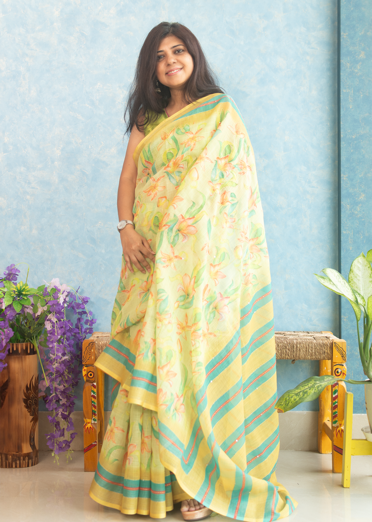 Linen Floral Print with Kantha stitch