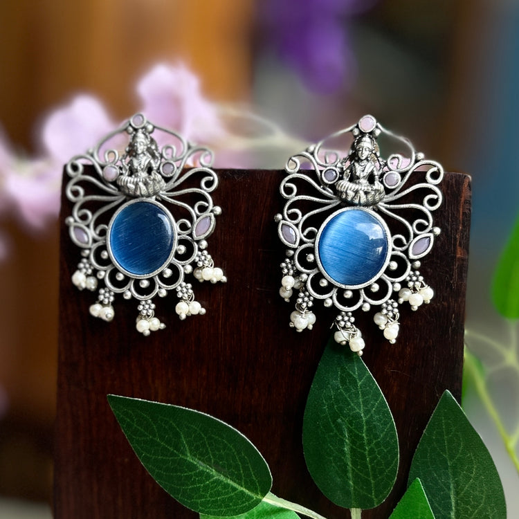 Blue Silver Oxidised Earrings