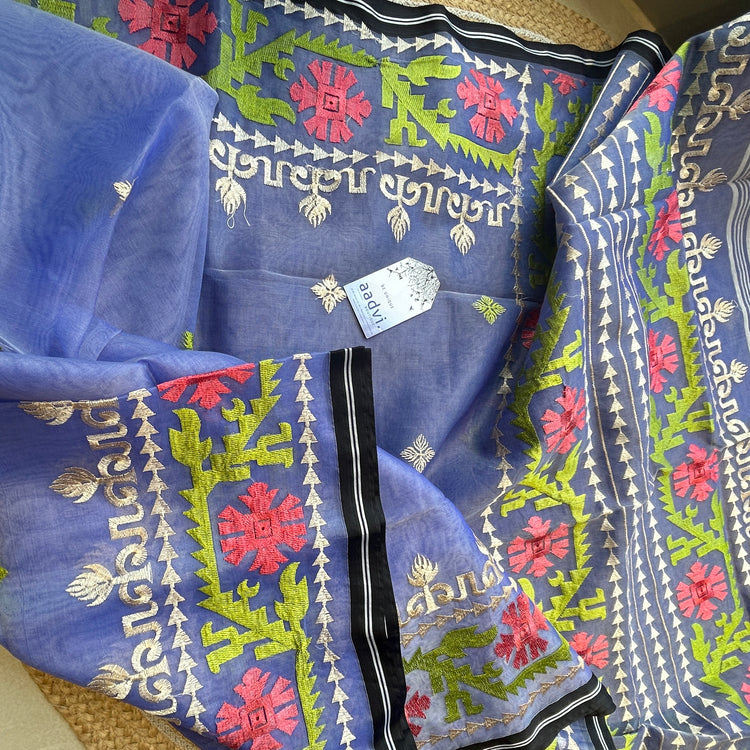 Purple Resham Silk Muslin Jamdani Saree