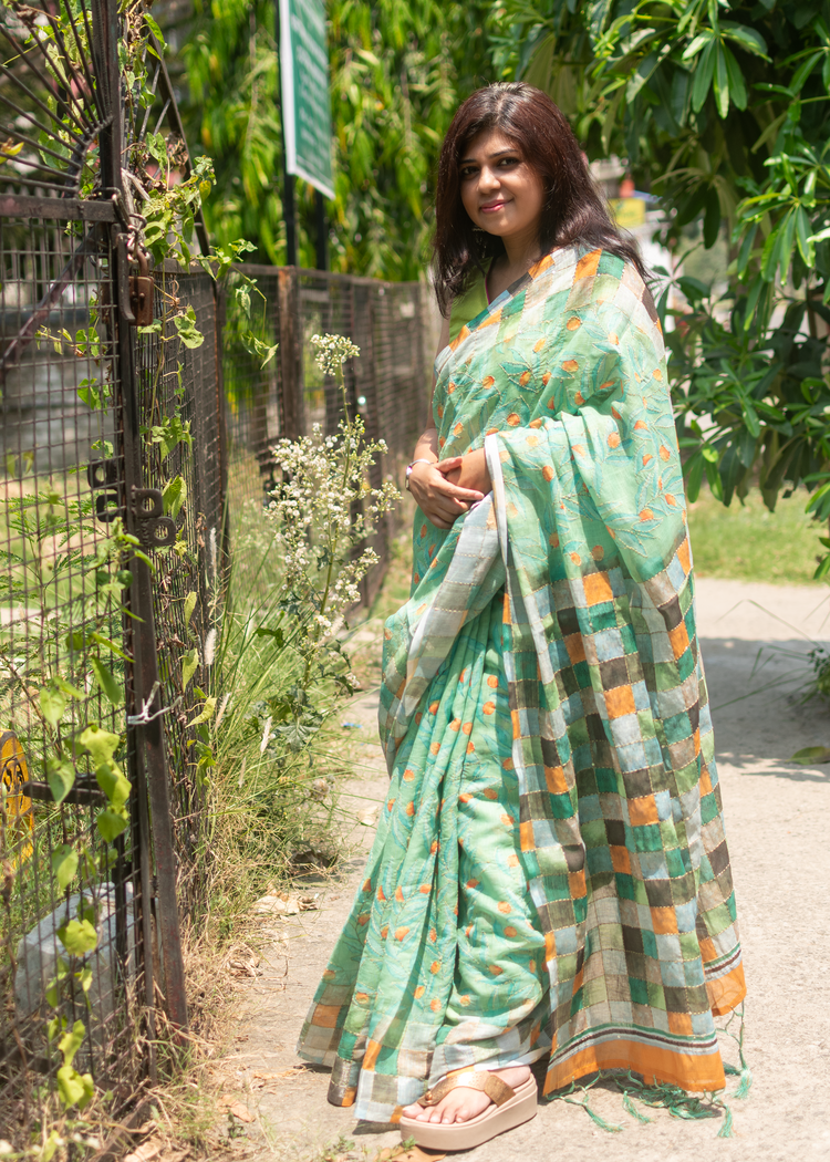 Linen Floral Print with Kantha stitch