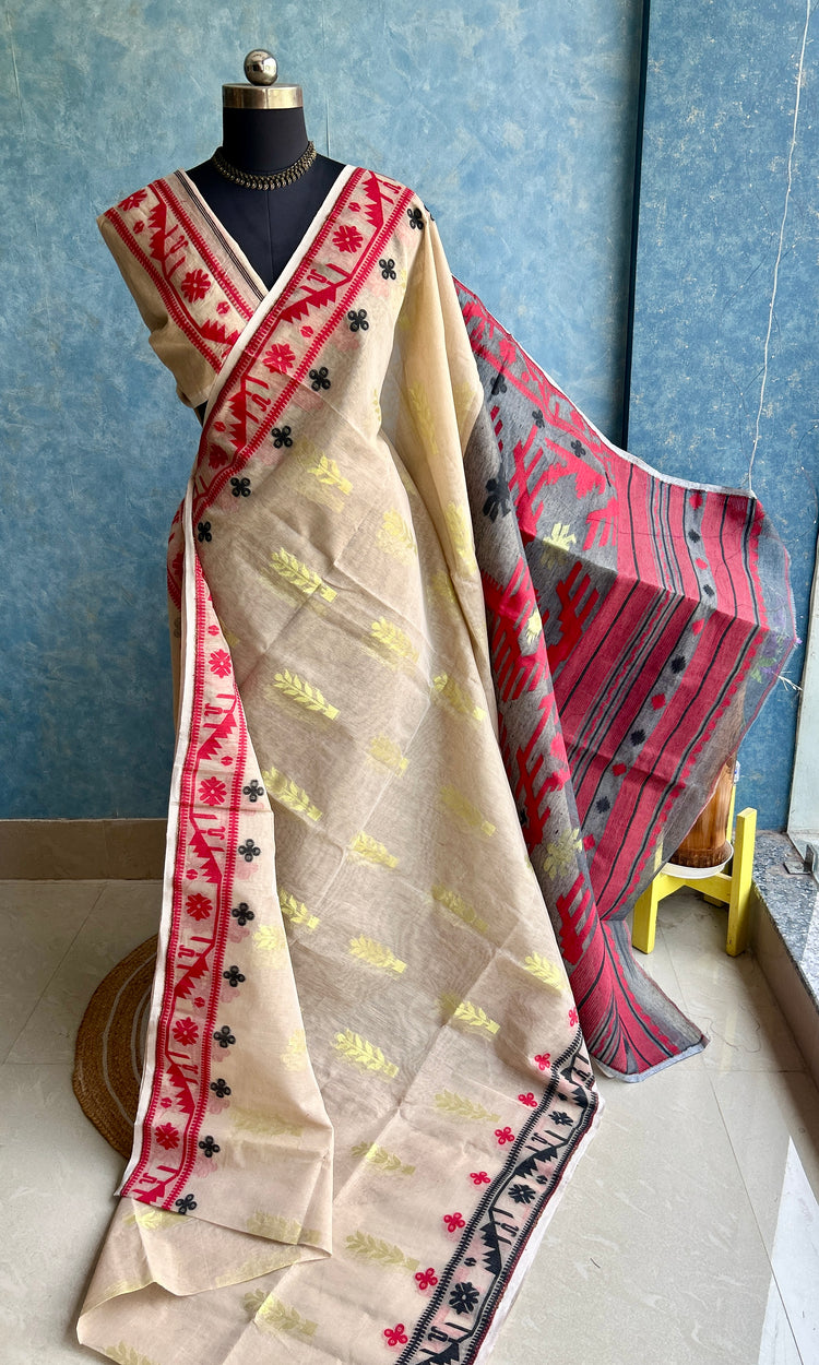 Ganga-Jamuna - Beige with Red & Black Dual Border Jamdani