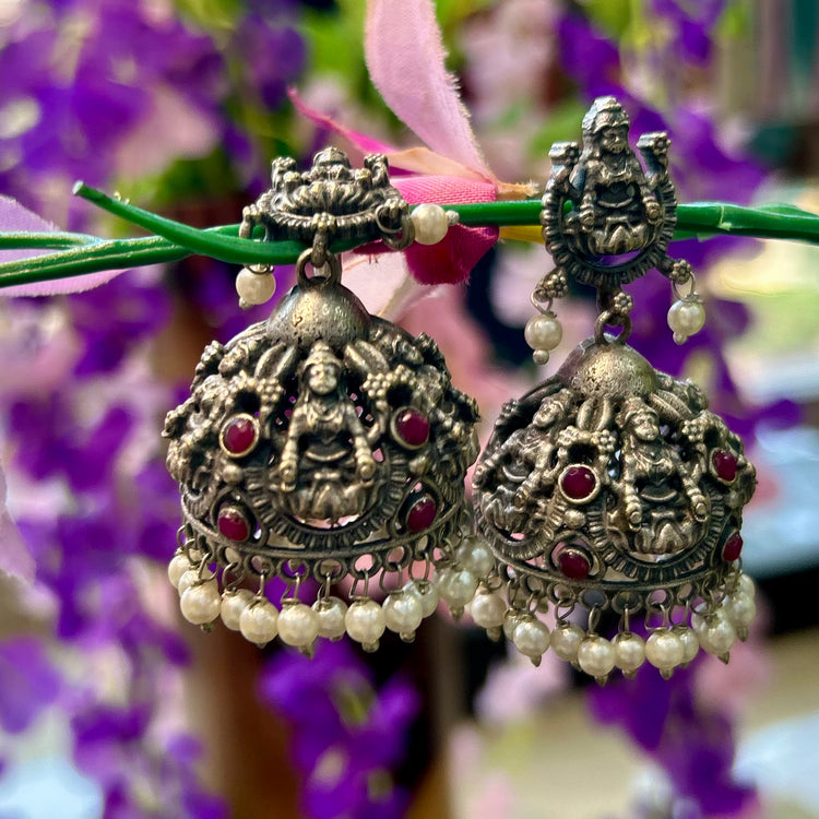 Pink Stone Silver Oxidised Jhumka
