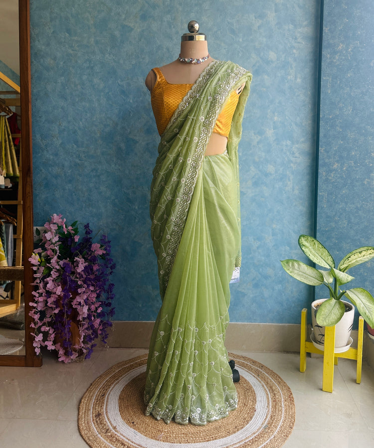 Sheen Green Hand Embroidery on Tissue Sari