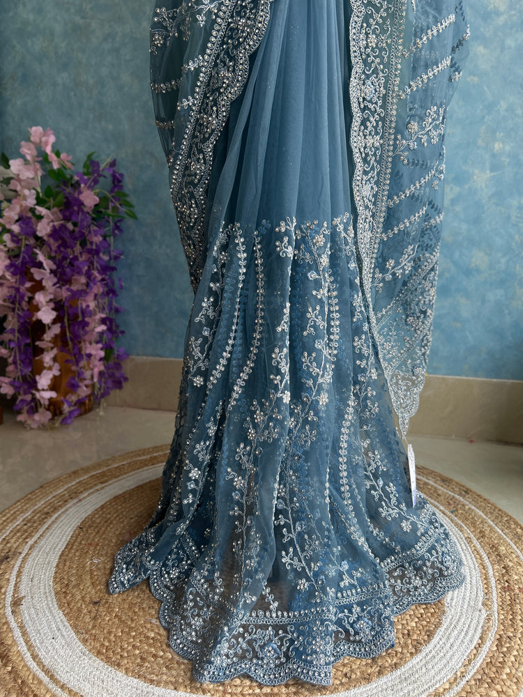 Stone Blue Designer Net Sari