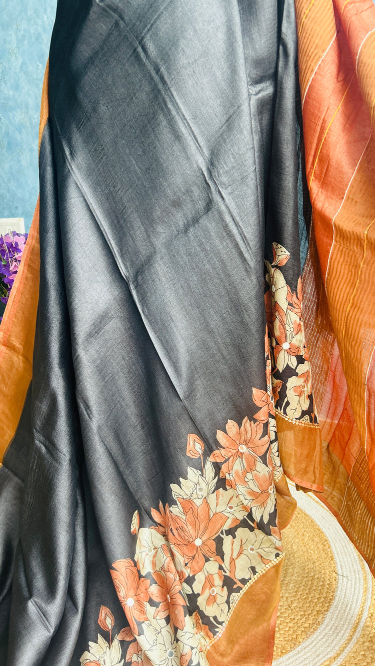 Black ScreenPrint on Pure Tussar Silk