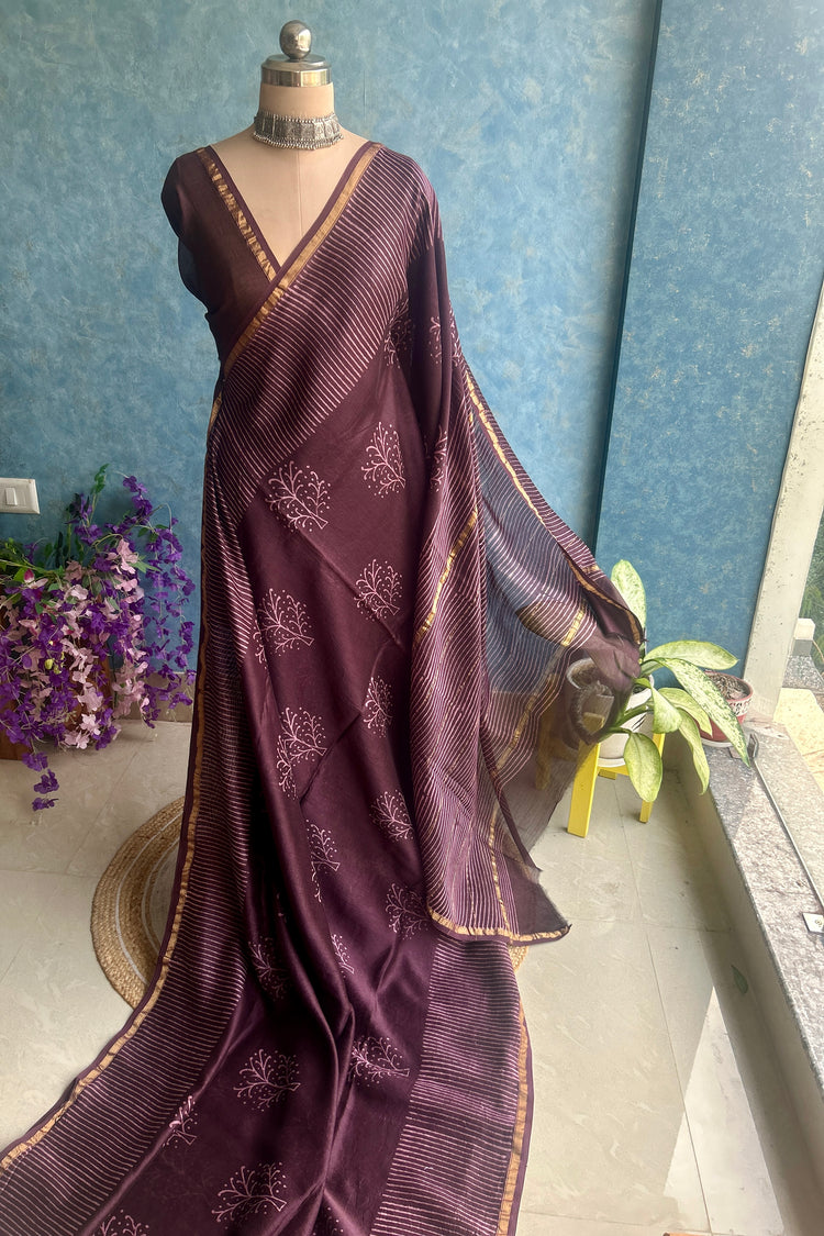 Plum Hand Block Printed Chanderi Sar