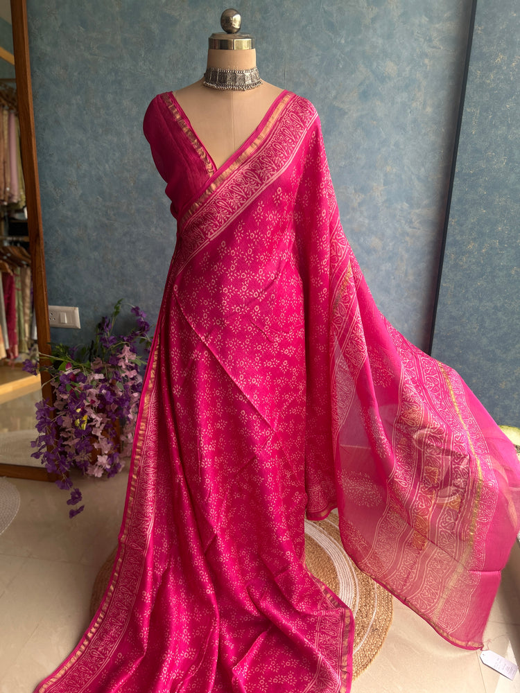 Pink Hand Block Printed Chanderi Sar