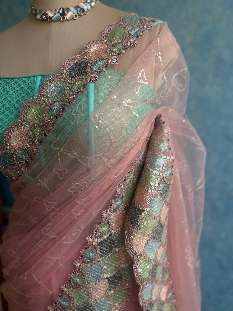 Pastle Pink Designer Net Sari