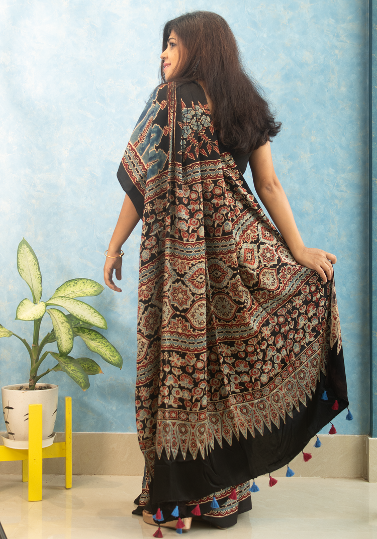 BLACK AJRAK BLOCK PRINTED MODAL SILK SARI