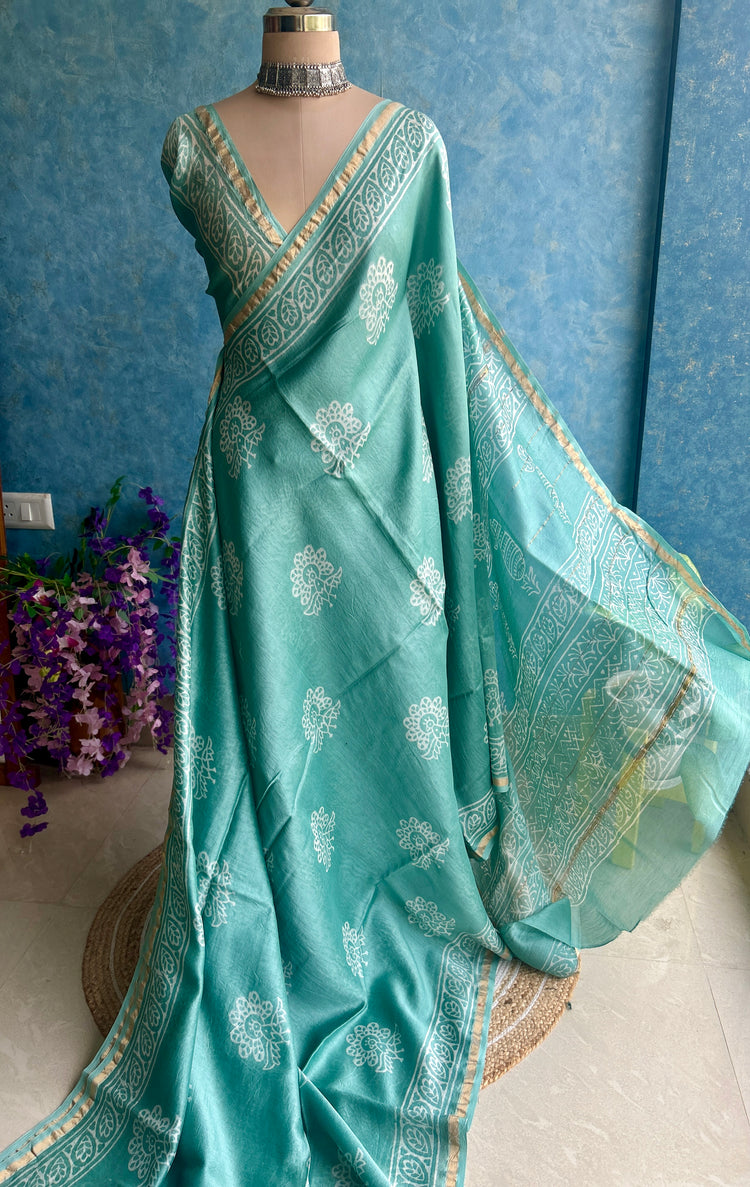 Cruise Teal Hand Block Printed Chanderi Sar