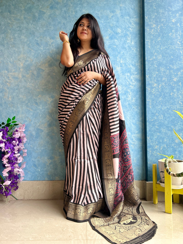 STRIPE AJRAK BLOCK PRINTED DOLA SILK SARI