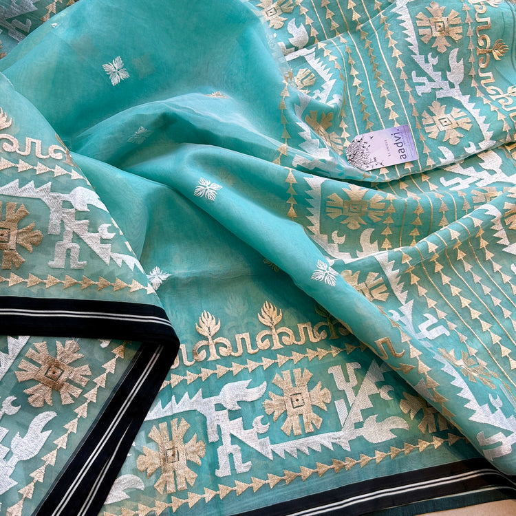 Mint Resham Silk Muslin Jamdani Saree