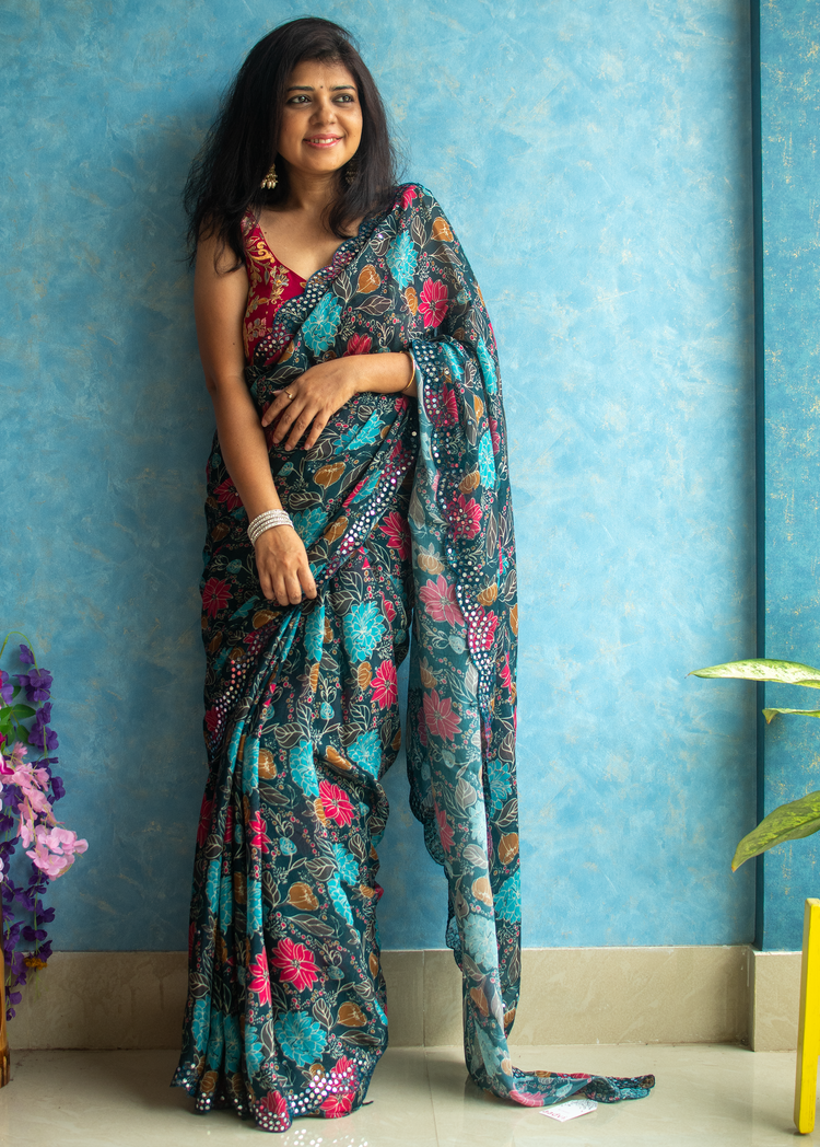 Prussian Chinon Crepe Saree with Mirror Work and Scallop Border
