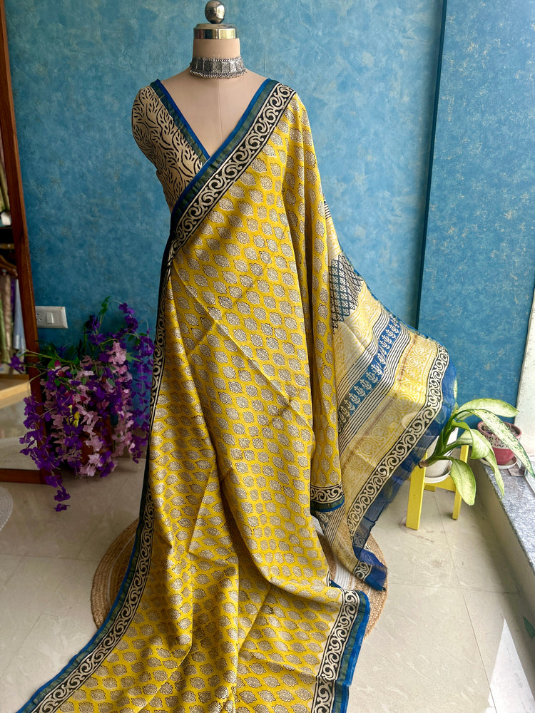 Yellow Hand Block Printed Chanderi Sari