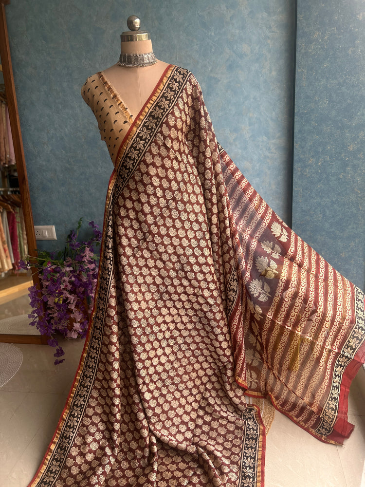 Spice Hand Block Printed Chanderi Sari