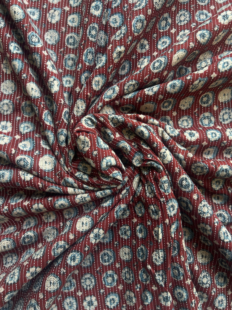 Maroon Ajrakh Print with kantha stitch on Cotton Fabric