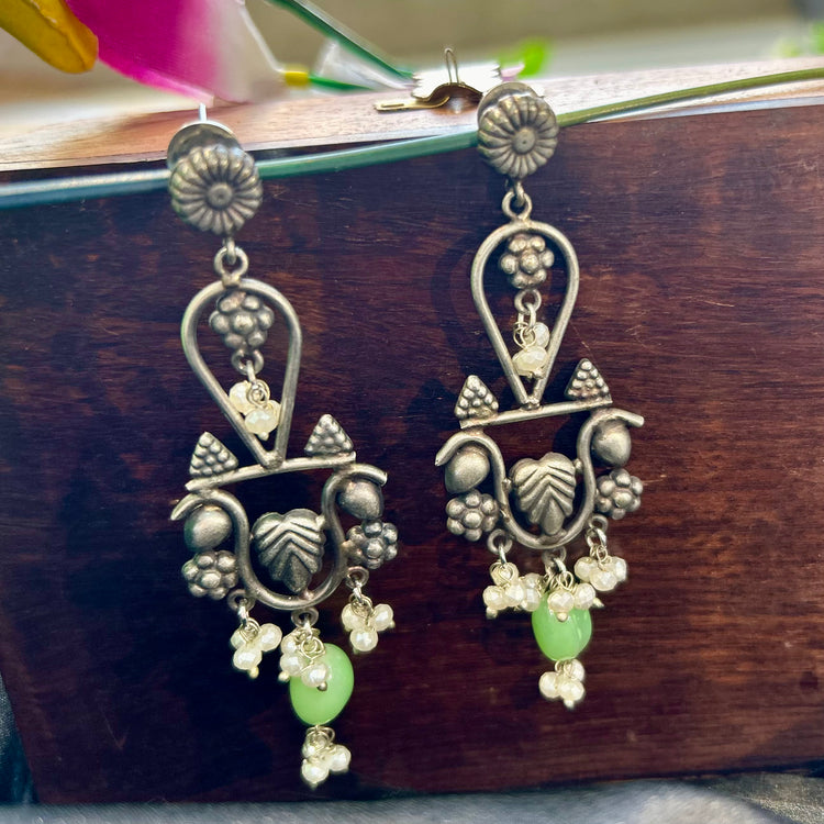Green Beads Silver Oxidised Earrings