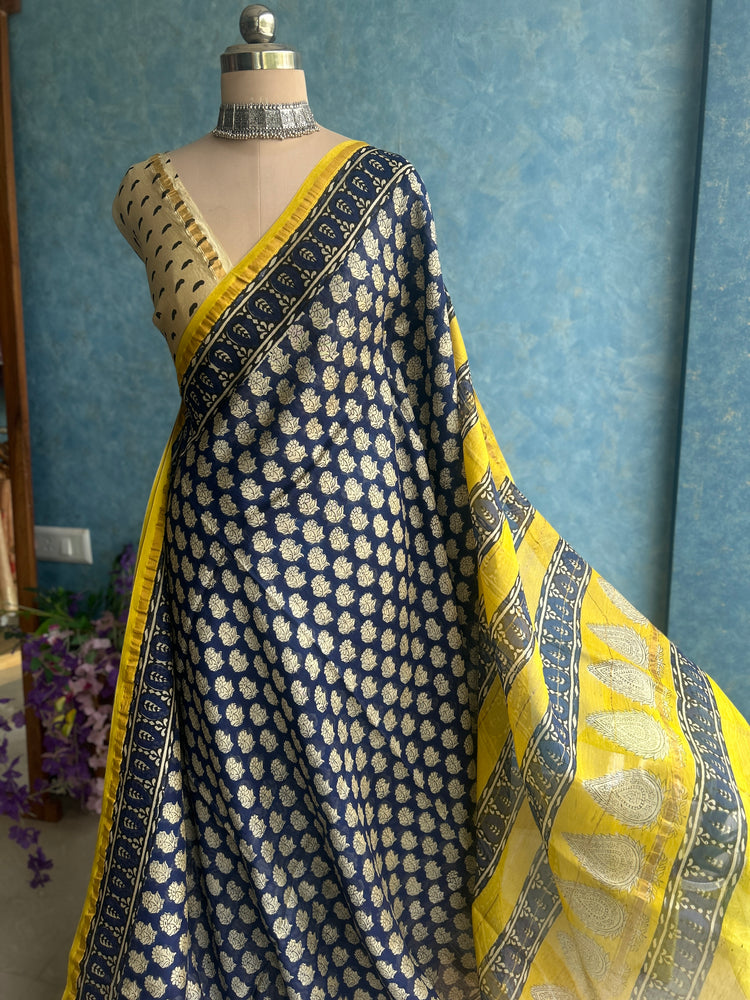 Midnight Hand Block Printed Chanderi Sari