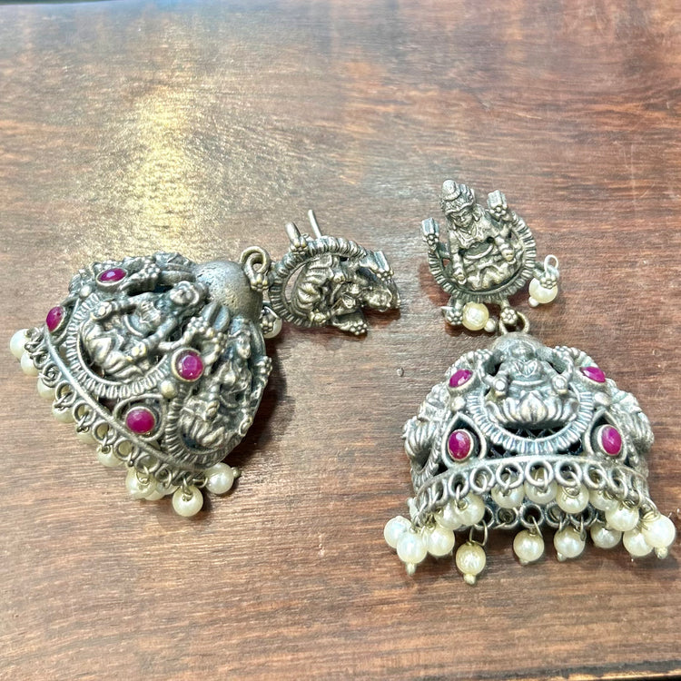 Pink Stone Silver Oxidised Jhumka