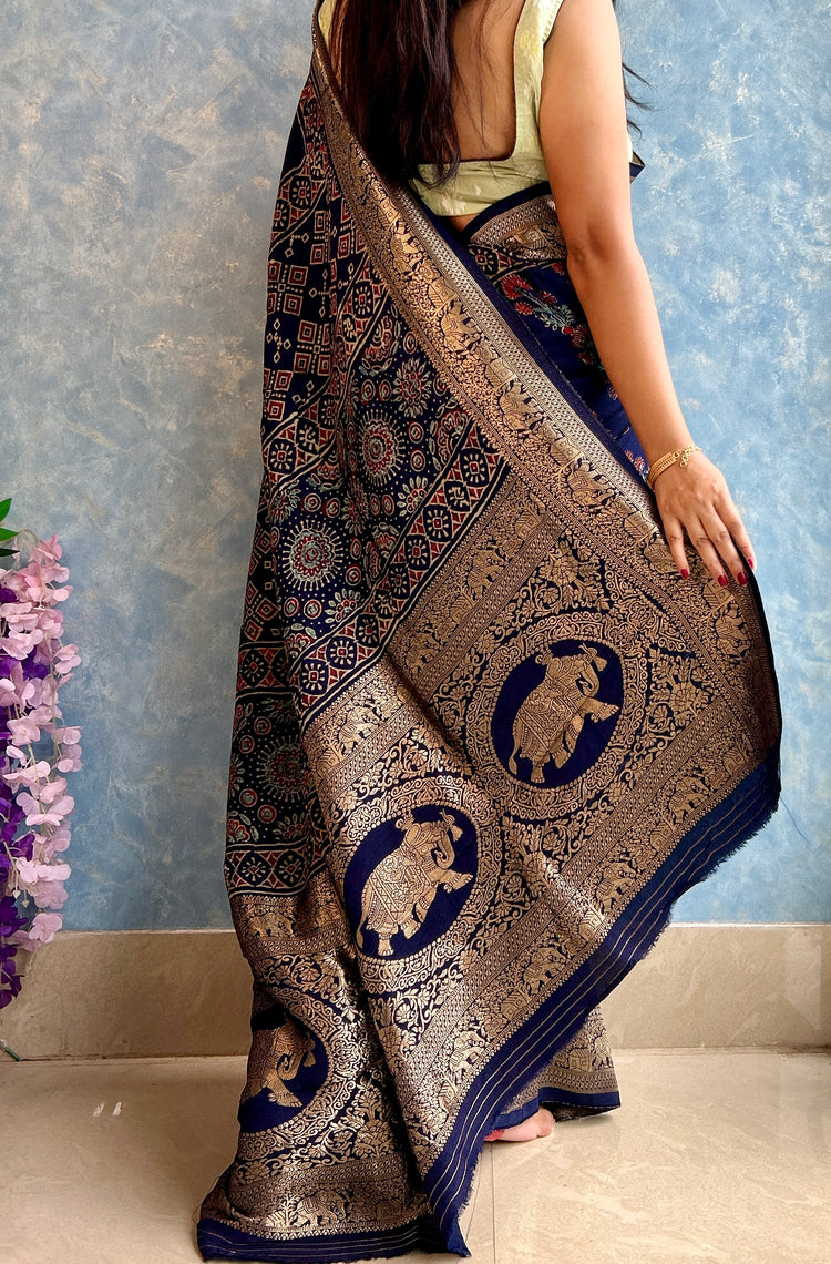 INDIGO AJRAK BLOCK PRINTED DOLA SILK SARI