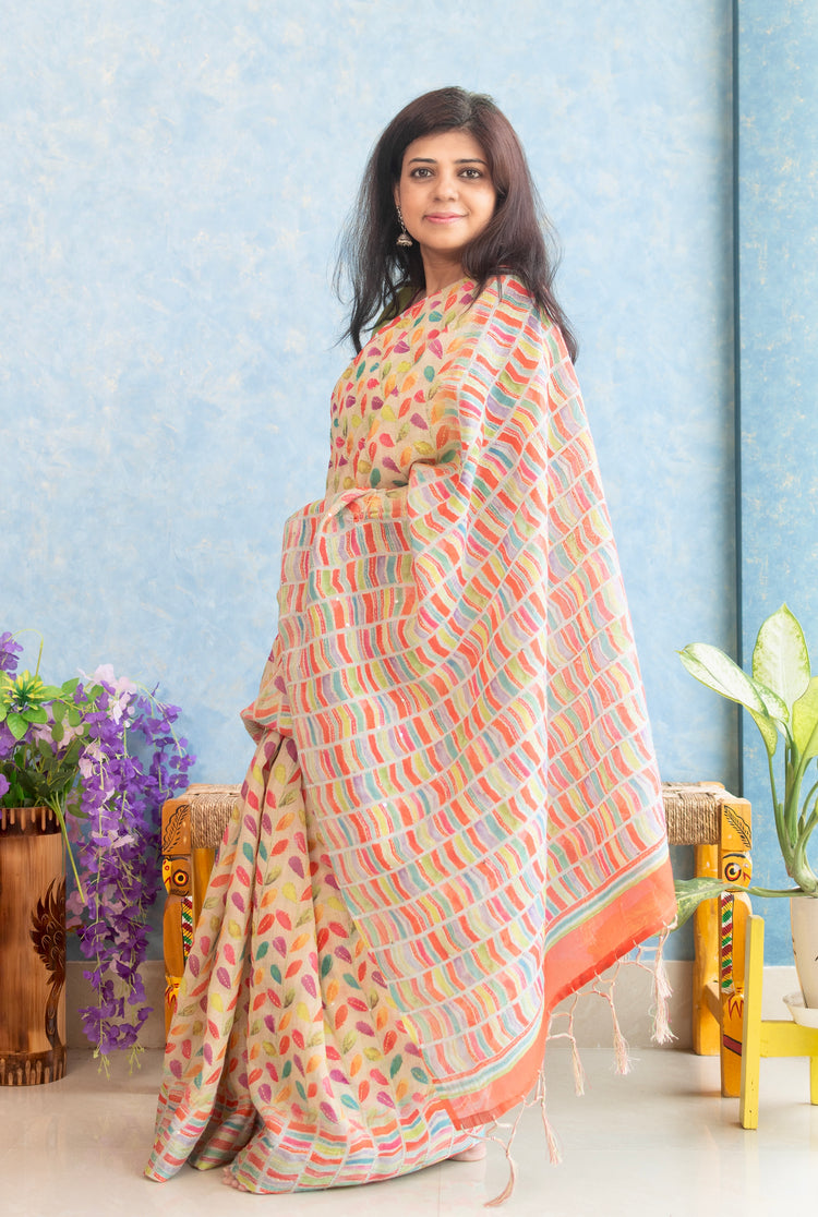Linen Floral Print with Kantha stitch