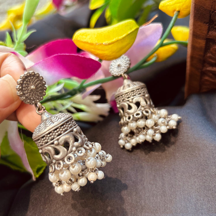 White Perl Silver Oxidised Jhumka