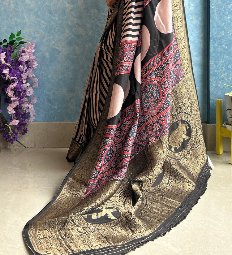 STRIPE AJRAK BLOCK PRINTED DOLA SILK SARI