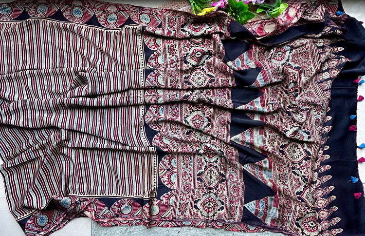 MULTICOLOR AJRAK BLOCK PRINTED MODAL SILK SARI