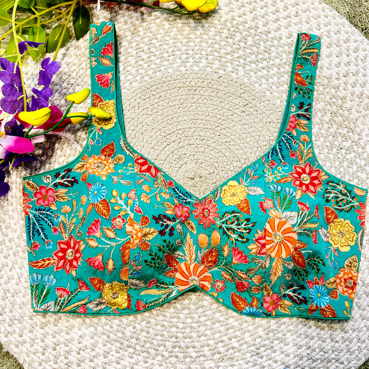 Turquoise Floral Designer Blouse