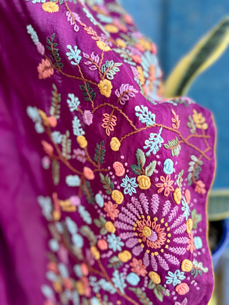 Wine Multi Thread Embroidery Sari