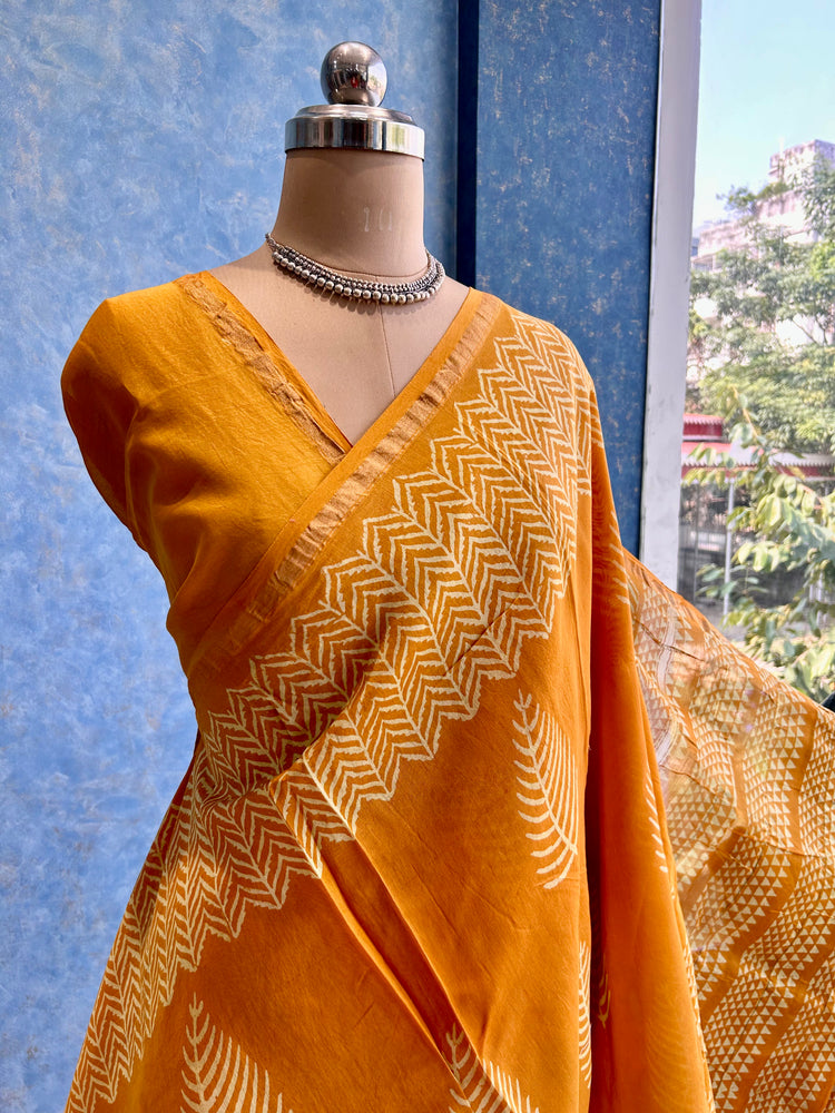 Canary Hand Block Printed Chanderi Sari
