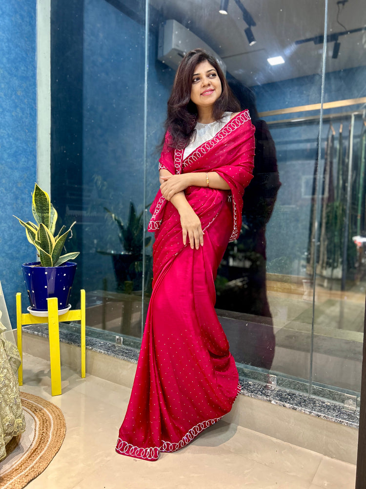 AD Stone work on Maroon Satin Georgette Sari