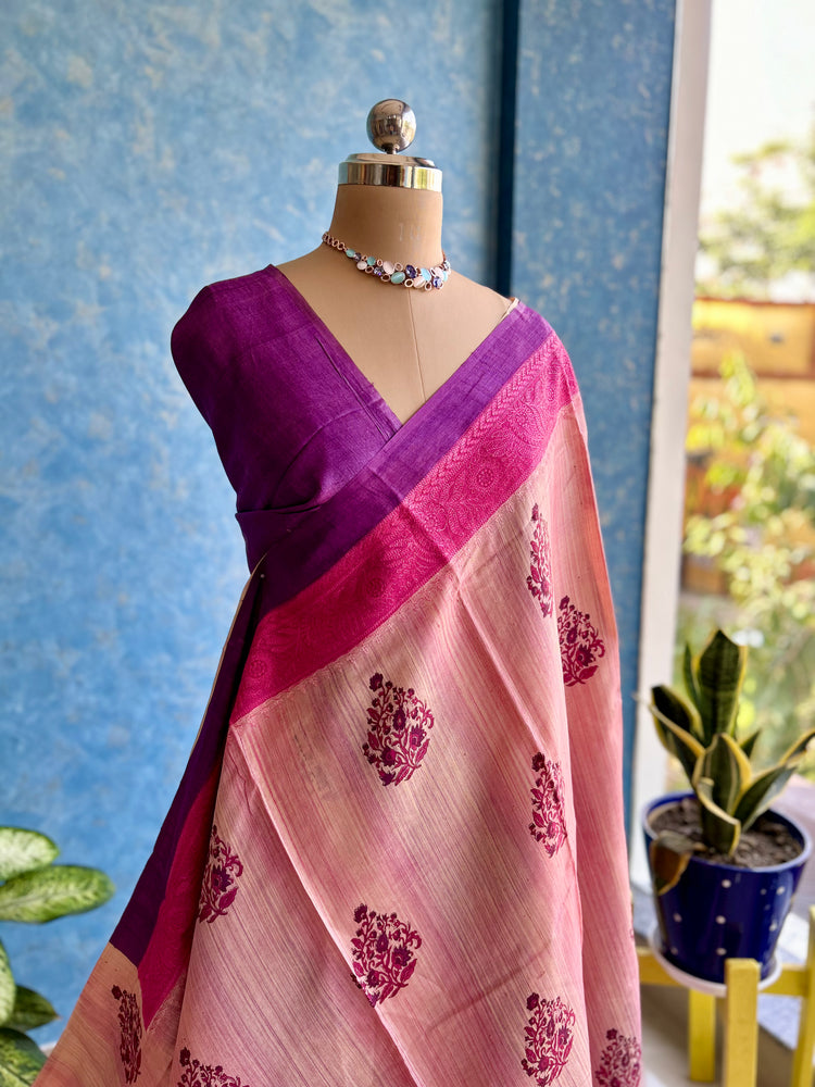 Handblock with chikankari Border on Pure Tussar Silk