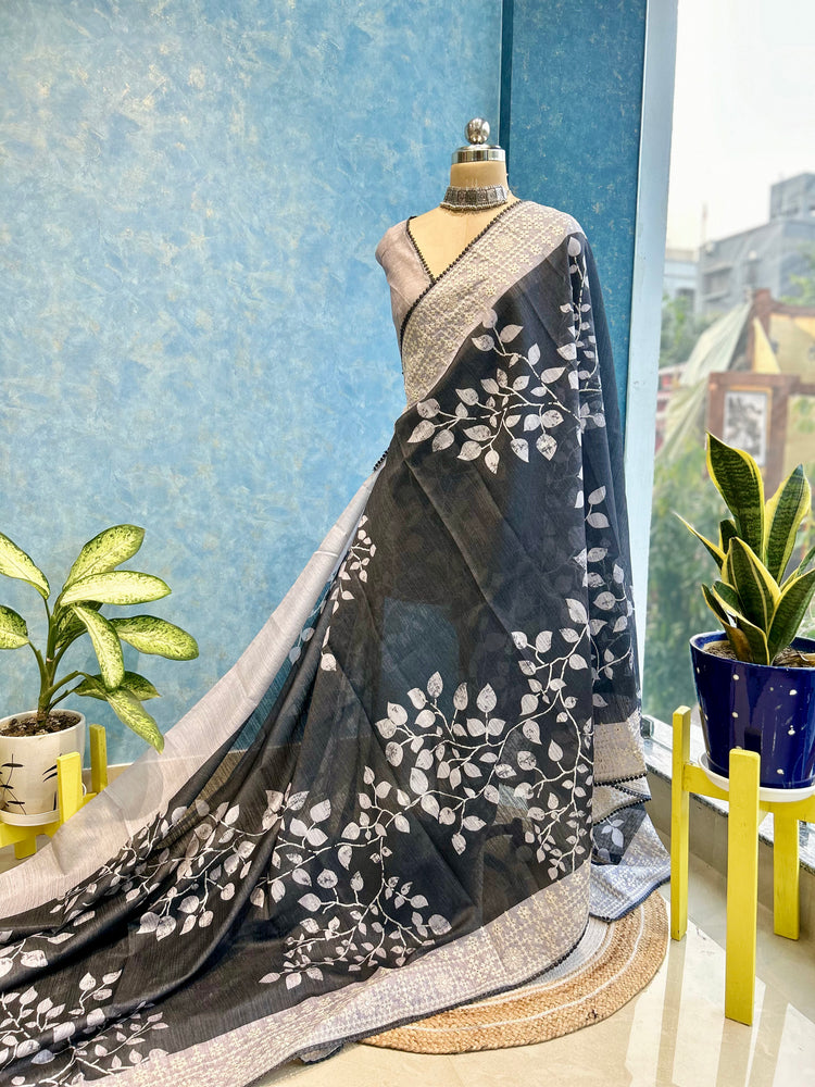 Dark Grey Embroidery And Leaf Printed Sari