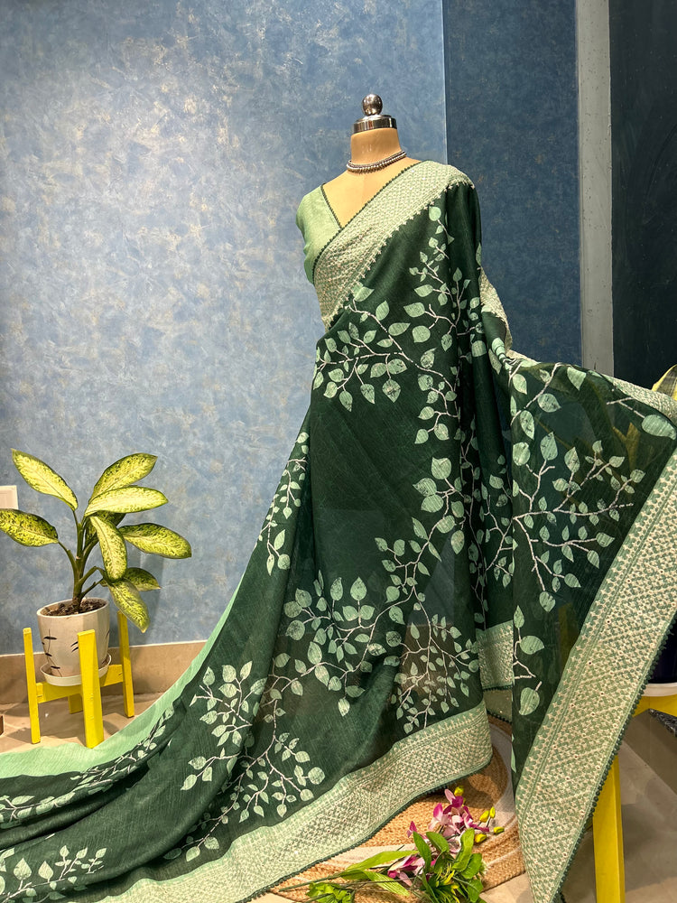 Embroidery And Leaf Printed Sari
