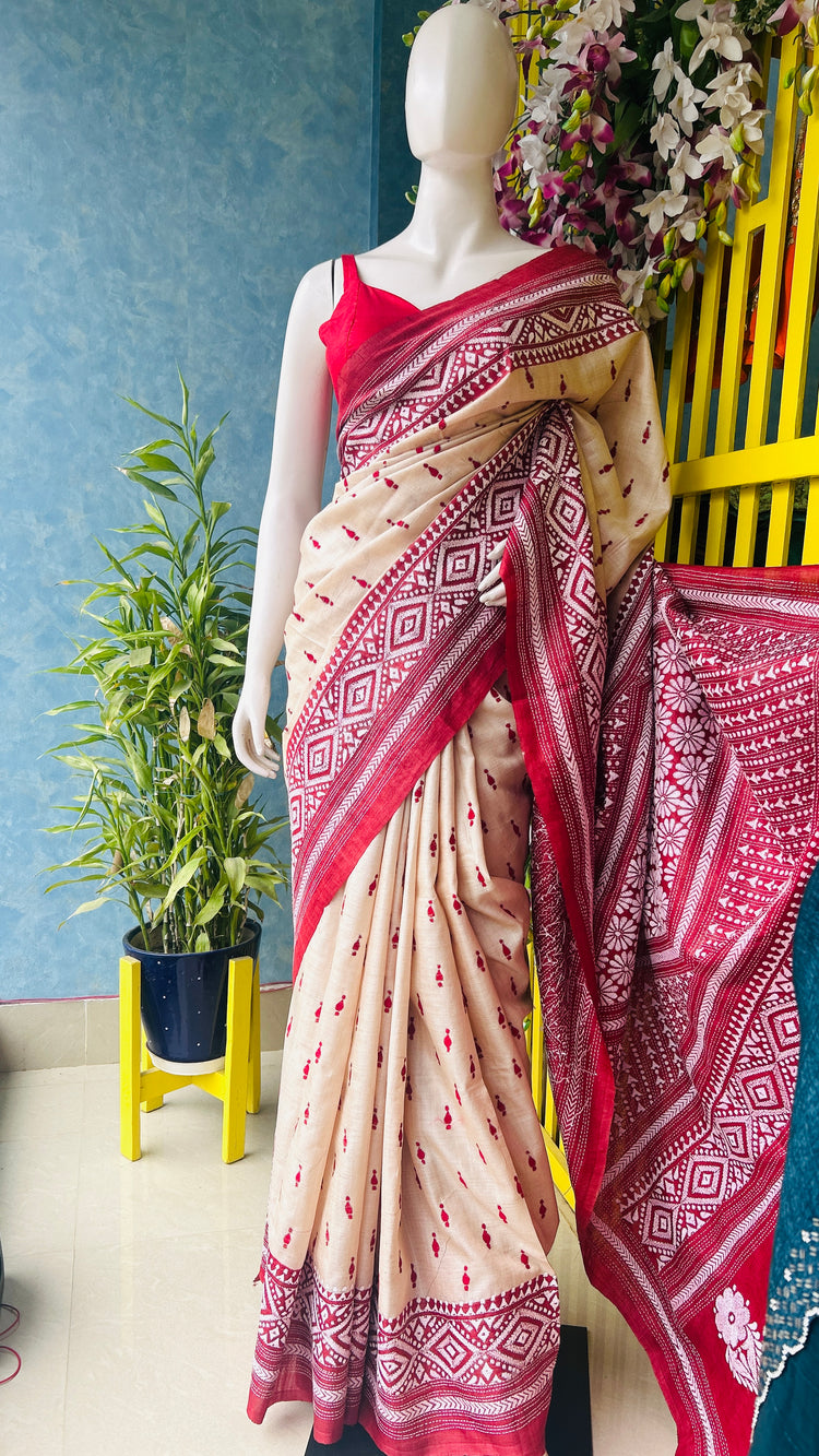 Off White Kantha Embroidery on Gachi Tusser Silk