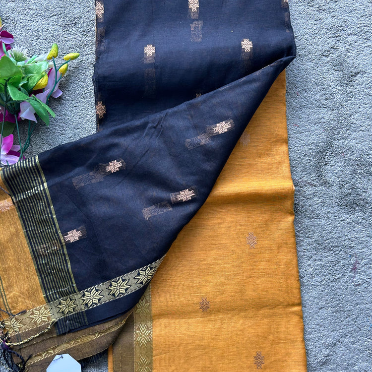 Handwoven Turmeric with Black Cotton Silk Sari