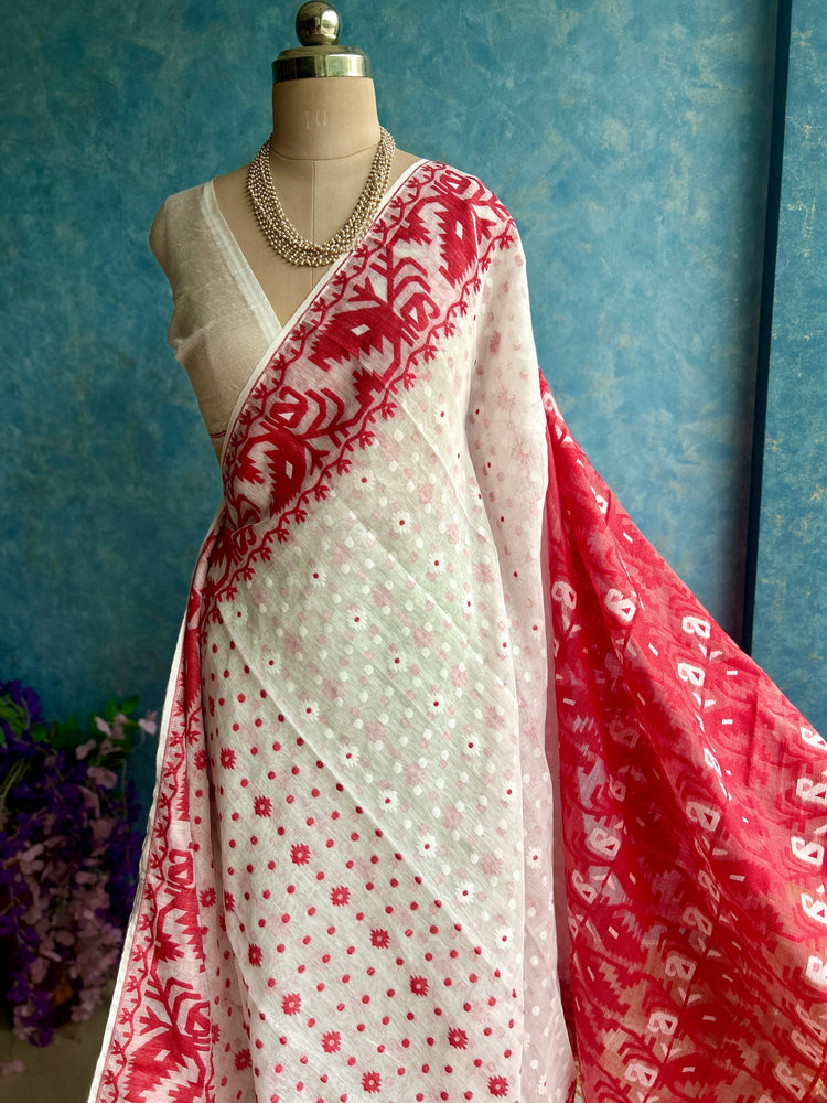 White Red Soft Dhakai Jamdani