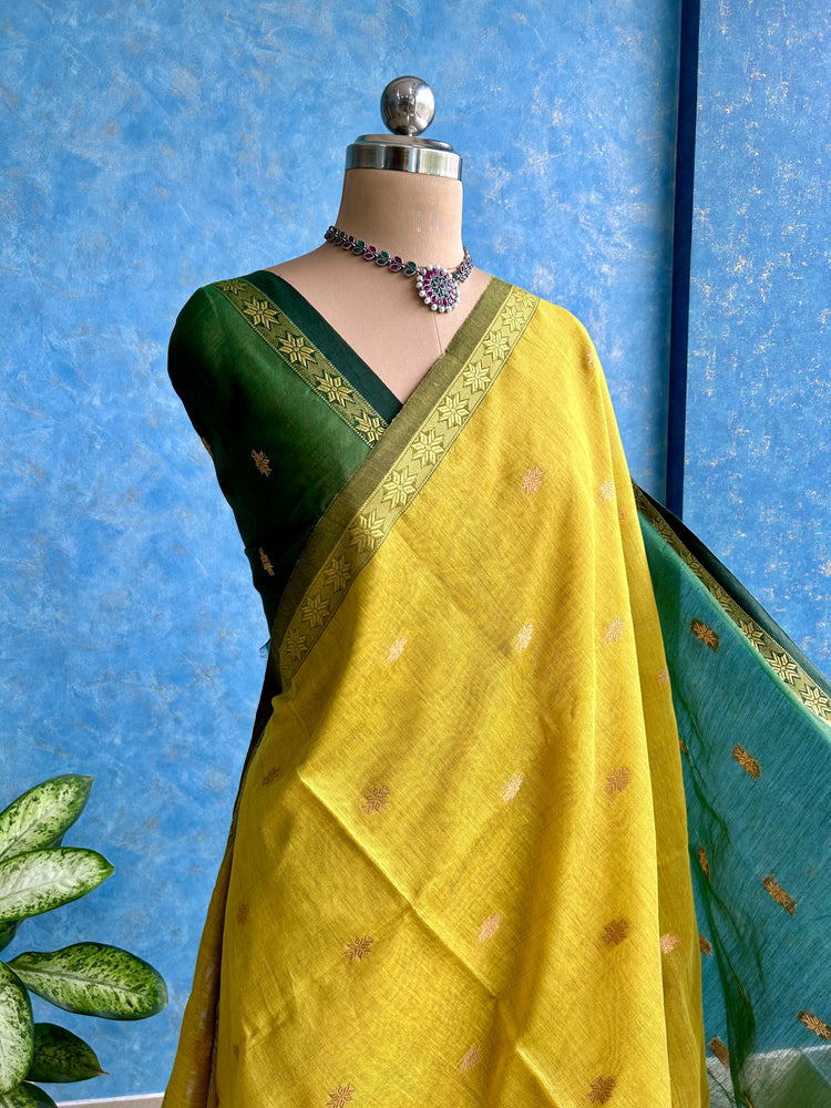 Handwoven Gold Yellow with Green Cotton Silk Sari