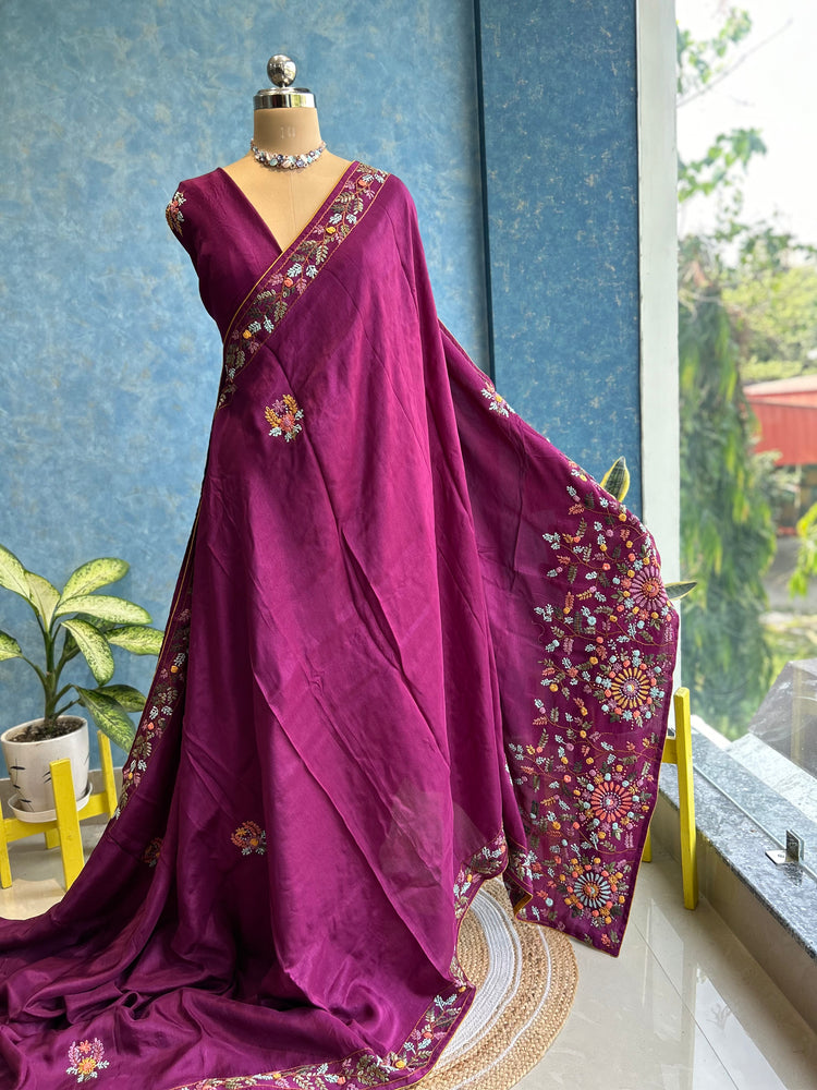 Wine Multi Thread Embroidery Sari