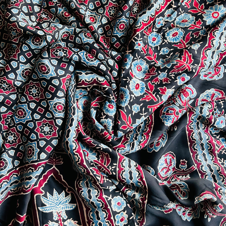 BLACK AJRAK BLOCK PRINTED MODAL SILK SARI
