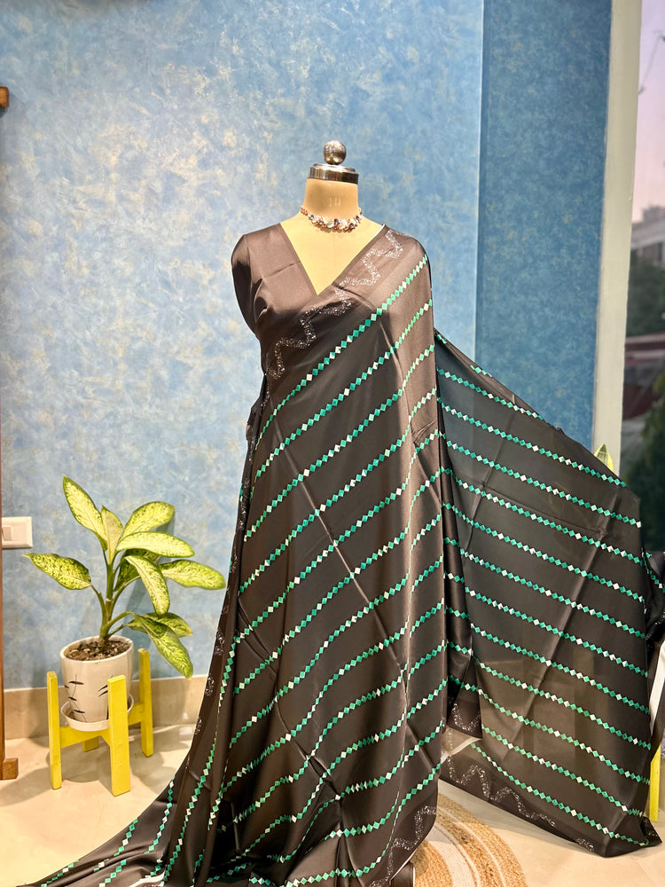 Beautiful Black and Green Satin Sari