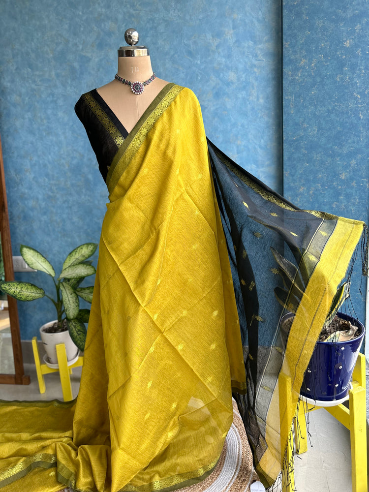 Handwoven Mustard with Black Cotton Silk Saree