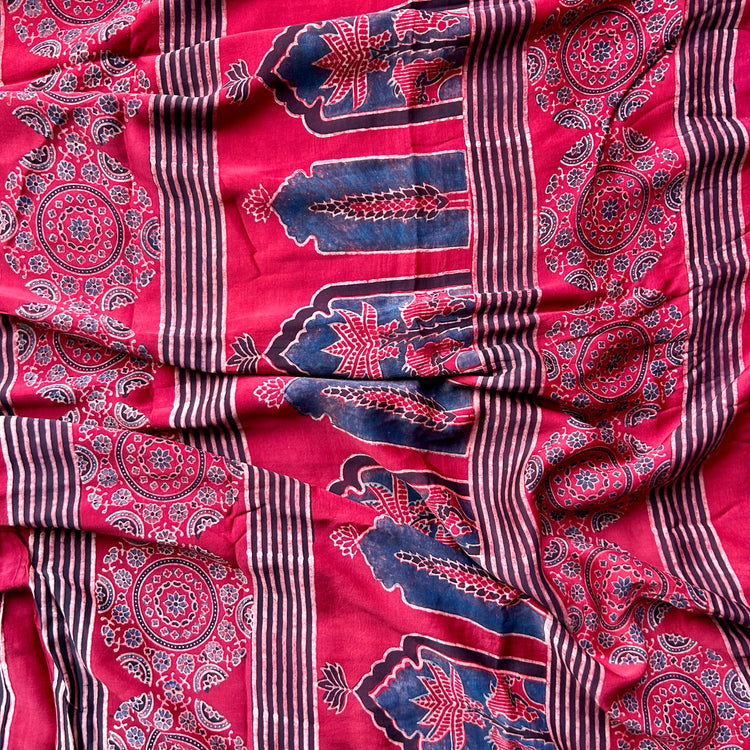 MAROON RED AJRAK BLOCK PRINTED MODAL SILK SARI