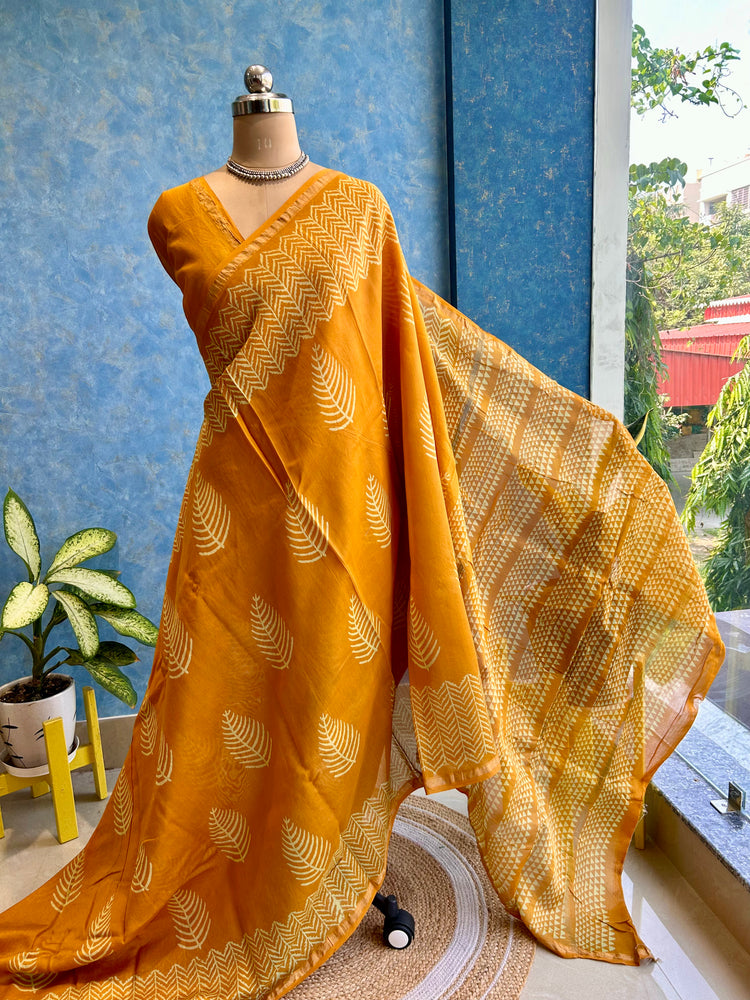 Canary Hand Block Printed Chanderi Sari